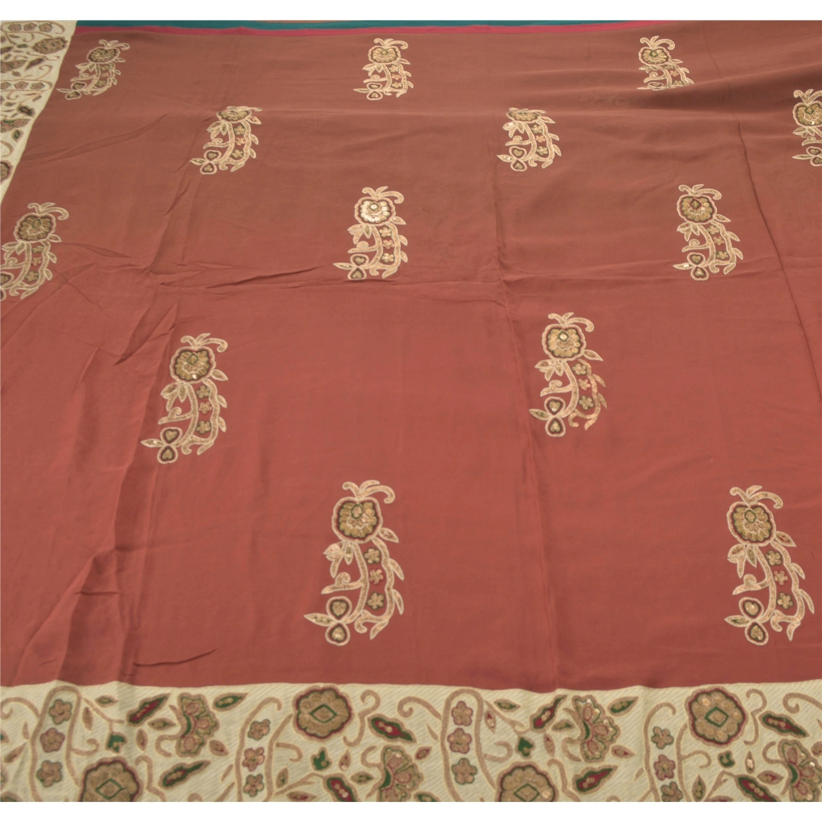 Sanskriti Vintage Sarees Pure Georgette Silk Hand Beaded Bollywood Sari Fabric, PS-54506-Brown-Patch Work-100% Pure Georgette Silk-3