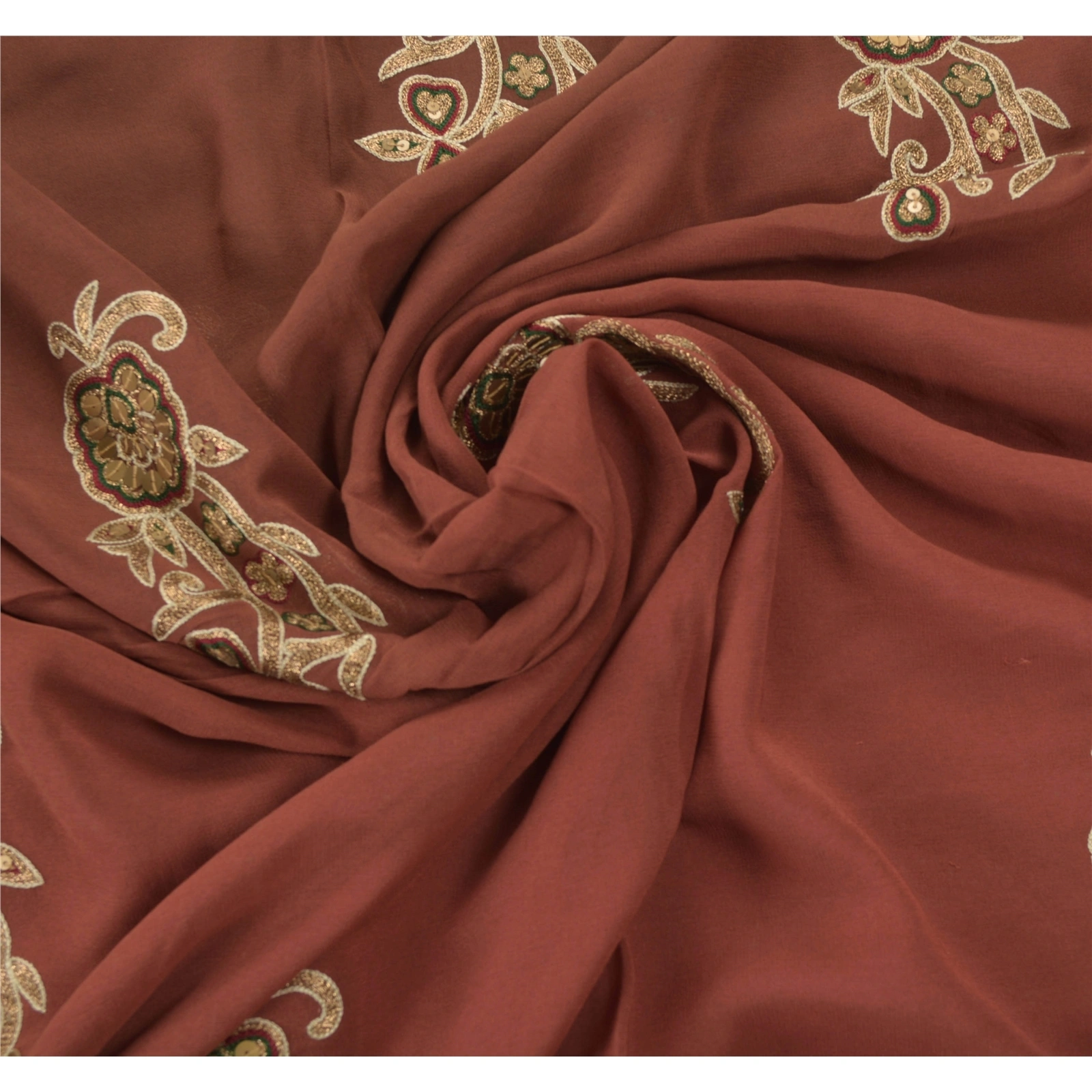 Sanskriti Vintage Sarees Pure Georgette Silk Hand Beaded Bollywood Sari Fabric, PS-54506-Brown-Patch Work-100% Pure Georgette Silk-4