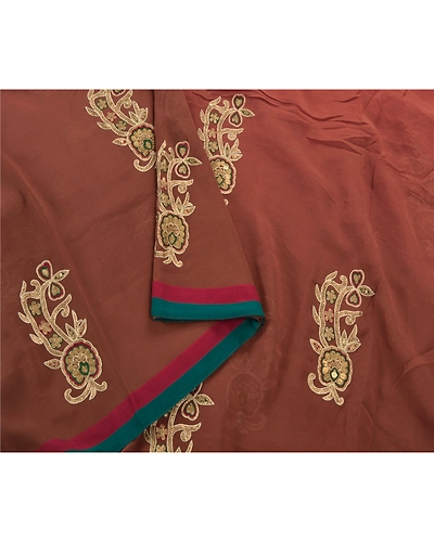 Sanskriti Vintage Sarees Pure Georgette Silk Hand Beaded Bollywood Sari Fabric, PS-54506-Brown-Patch Work-100% Pure Georgette Silk-5
