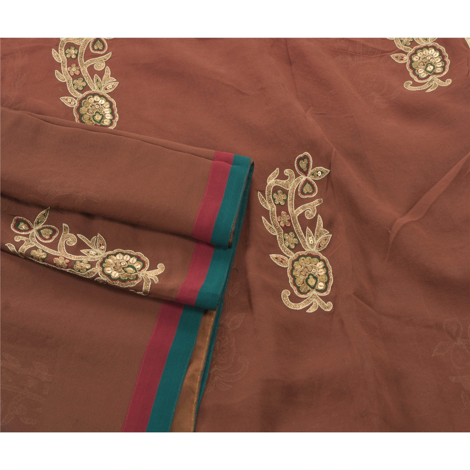 Sanskriti Vintage Sarees Pure Georgette Silk Hand Beaded Bollywood Sari Fabric, PS-54506-Brown-Patch Work-100% Pure Georgette Silk-7