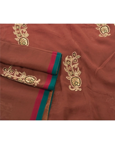 Sanskriti Vintage Sarees Pure Georgette Silk Hand Beaded Bollywood Sari Fabric, PS-54506-Brown-Patch Work-100% Pure Georgette Silk-7