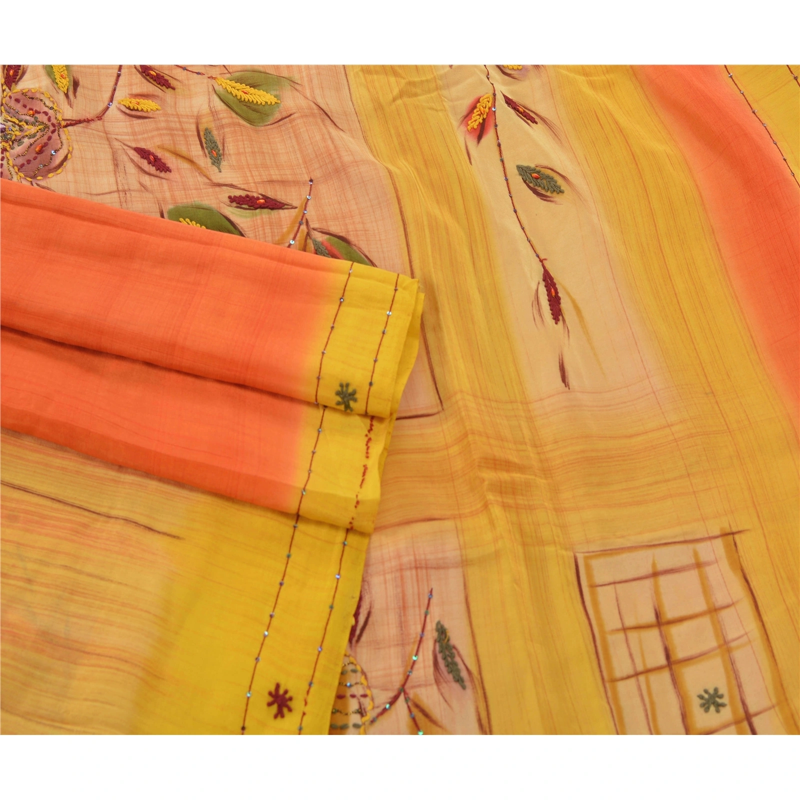 Sanskriti Vintage Yellow Sarees Pure Crepe Silk Hand Beaded Fabric Premium Sari, PS-54546-Yellow-Beaded Work-100% Pure Crepe Silk-1