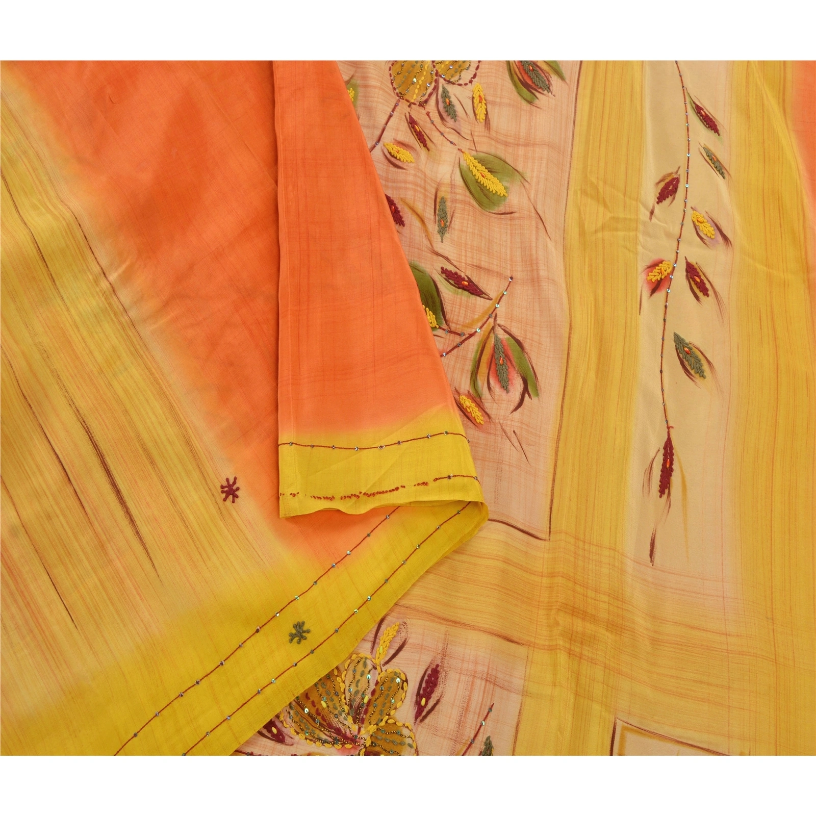 Sanskriti Vintage Yellow Sarees Pure Crepe Silk Hand Beaded Fabric Premium Sari, PS-54546-Yellow-Beaded Work-100% Pure Crepe Silk-2