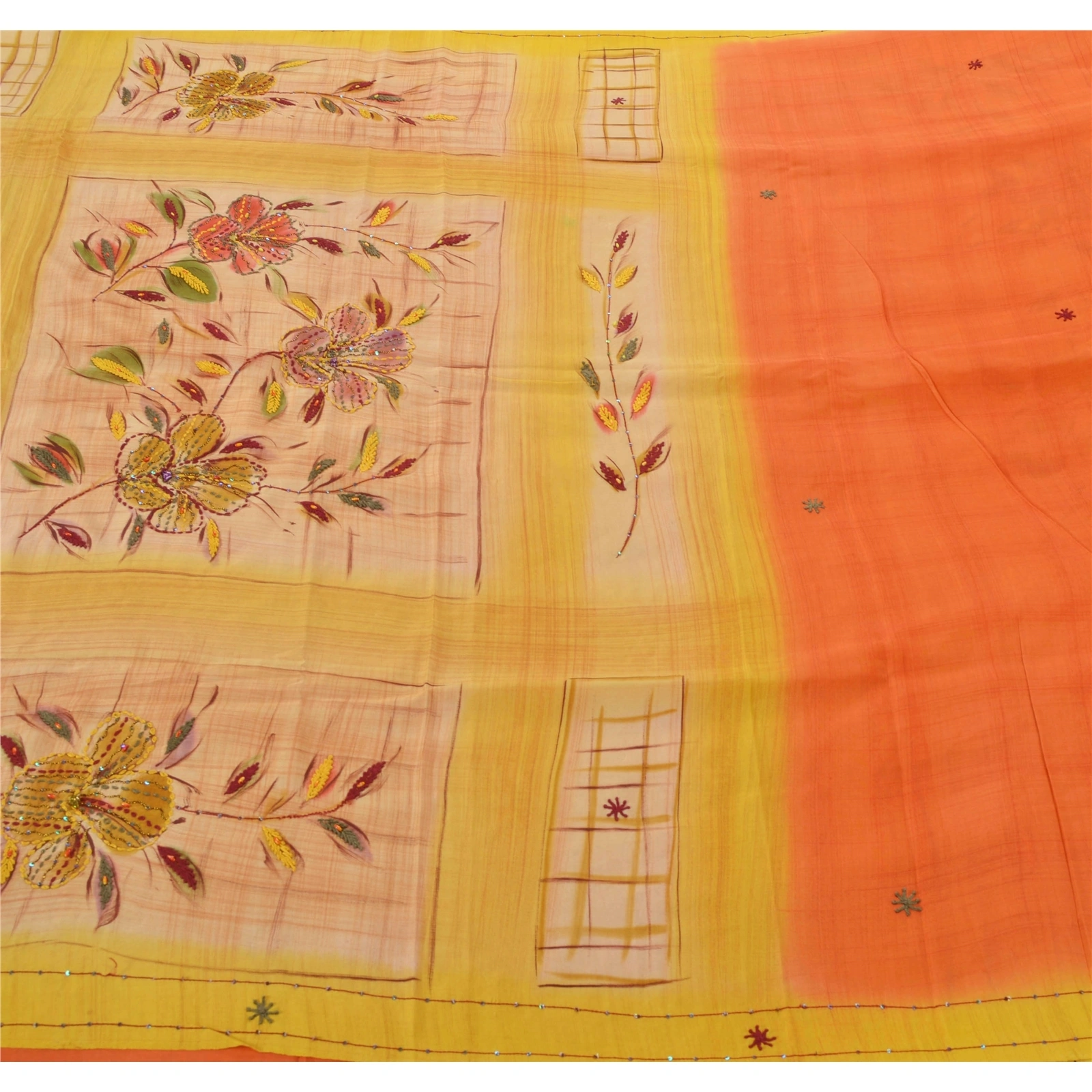 Sanskriti Vintage Yellow Sarees Pure Crepe Silk Hand Beaded Fabric Premium Sari, PS-54546-Yellow-Beaded Work-100% Pure Crepe Silk-4