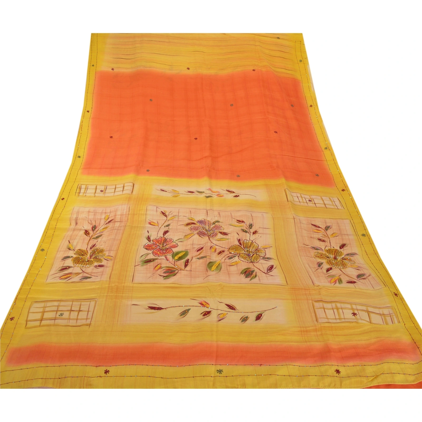 Sanskriti Vintage Yellow Sarees Pure Crepe Silk Hand Beaded Fabric Premium Sari, PS-54546-Yellow-Beaded Work-100% Pure Crepe Silk-7