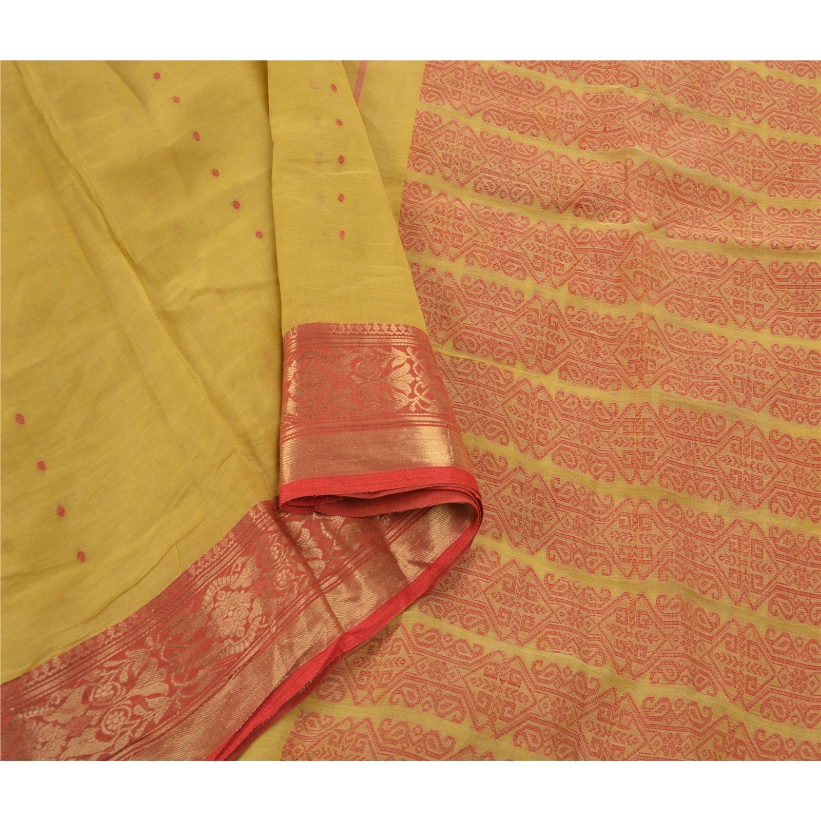 Sanskriti Vintage Yellow Sarees 100% Pure Cotton Woven Craft 5 Yard Fabric Sari, PS-54569-Yellow-Woven Work-100% Pure Cotton-2