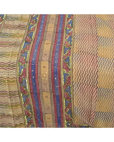 Sanskriti Indian Vintage Sarees 100% Pure Crepe Silk Hand Beaded Fabric Sari, PS-54616-Multi-Sequins Work-100% Pure Crepe Silk-3