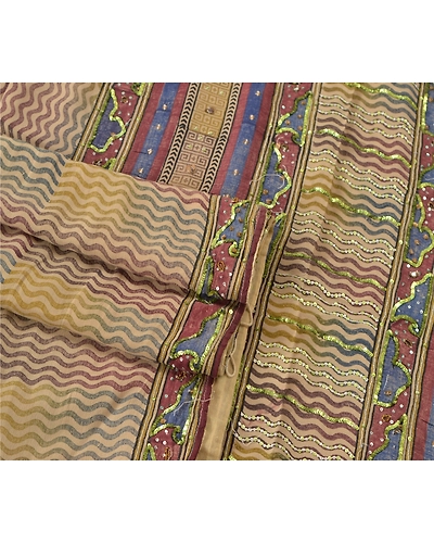 Sanskriti Indian Vintage Sarees 100% Pure Crepe Silk Hand Beaded Fabric Sari, PS-54616-Multi-Sequins Work-100% Pure Crepe Silk-6
