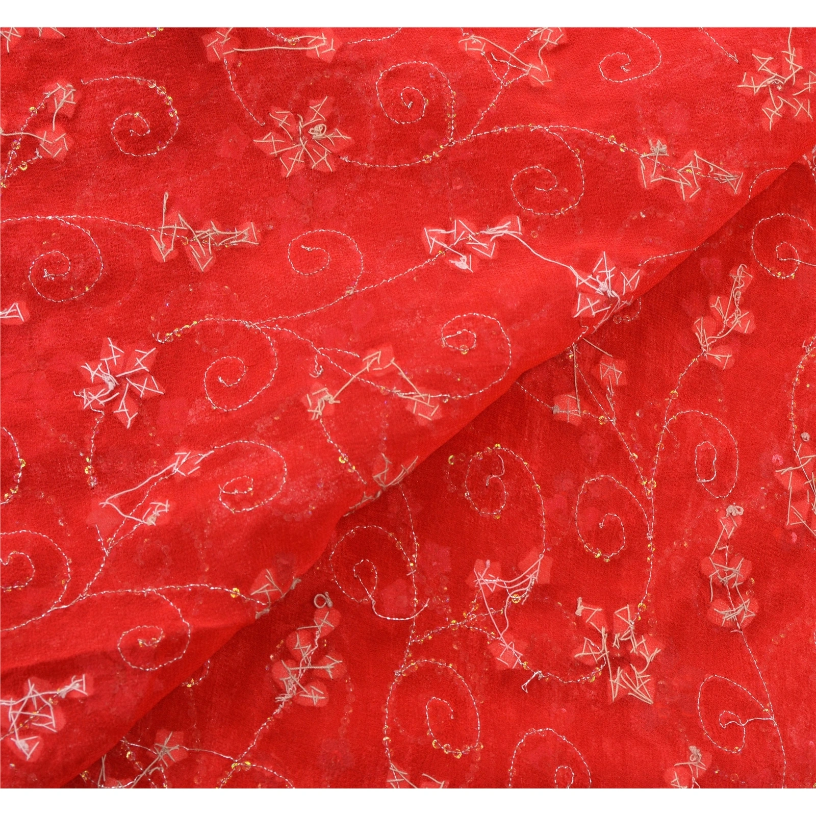 Sanskriti Vintage Red Bollywood Sarees Pure Georgette Silk Handmade Fabric Sari, PS-54648-Red-Sequins Work-100% Pure Georgette Silk-1