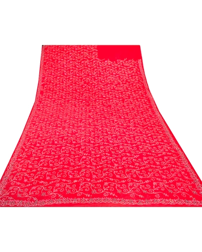 Sanskriti Vintage Red Bollywood Sarees Pure Georgette Silk Handmade Fabric Sari, PS-54648-Red-Sequins Work-100% Pure Georgette Silk-6