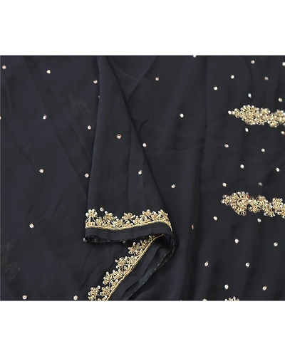 Sanskriti Vintage Black Indian Sari Georgette Hand Beaded Sarees Cultural Fabric, PS-54815-Black-Zardozi Work-Georgette-5