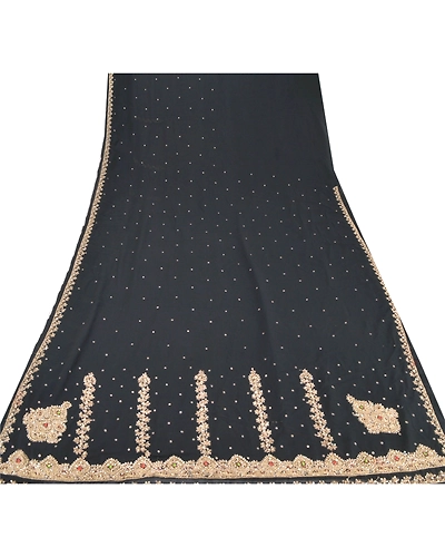 Sanskriti Vintage Black Indian Sari Georgette Hand Beaded Sarees Cultural Fabric, PS-54815-Black-Zardozi Work-Georgette-6