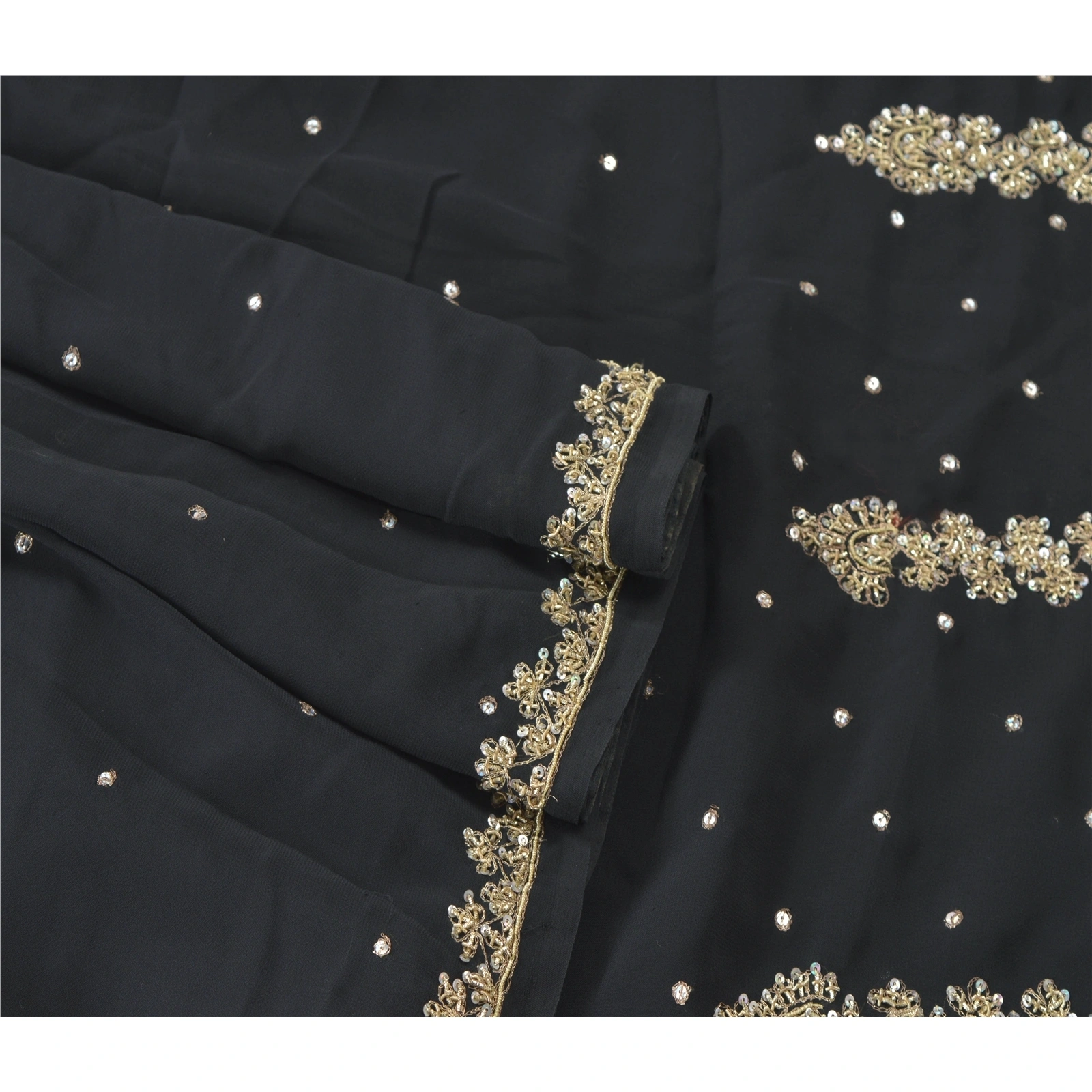 Sanskriti Vintage Black Indian Sari Georgette Hand Beaded Sarees Cultural Fabric, PS-54815-Black-Zardozi Work-Georgette-7