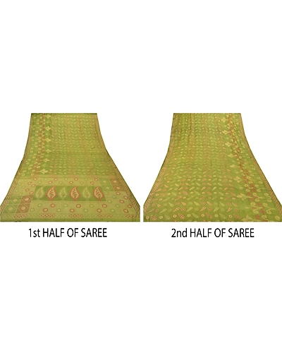 Sanskriti Vintage Green Sarees 100% Pure Silk Woven Craft 5 Yard Fabric Sari, PS-54848-Green-Woven Work-100% Pure Silk-2