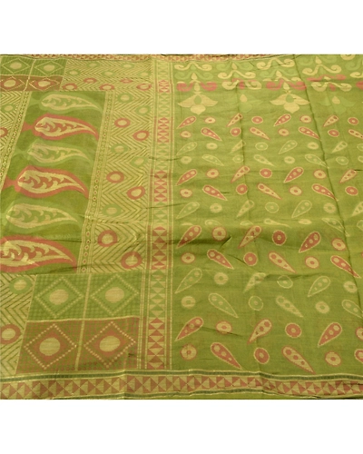 Sanskriti Vintage Green Sarees 100% Pure Silk Woven Craft 5 Yard Fabric Sari, PS-54848-Green-Woven Work-100% Pure Silk-3