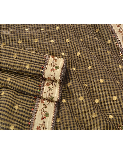 Sanskriti Vintage Black Indian Sari Art Silk Hand Beaded Sarees Woven Fabric, PS-54859-Black-Patch Work-Art Silk-1