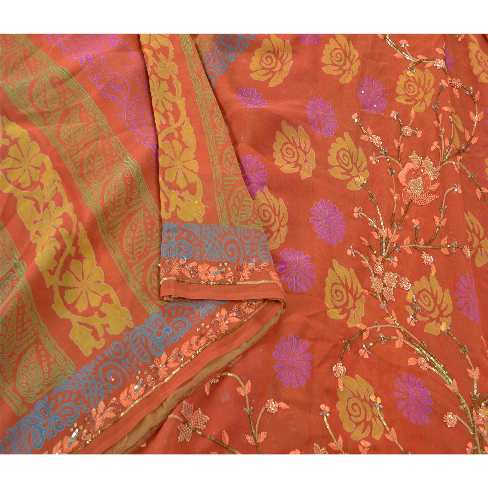 Sanskriti Vintage Sarees Pure Georgette Silk Hand Beaded Fabric Premium Sari, PS-54915-Shade Of Peach-Sequins Work-100% Pure Georgette Silk-2