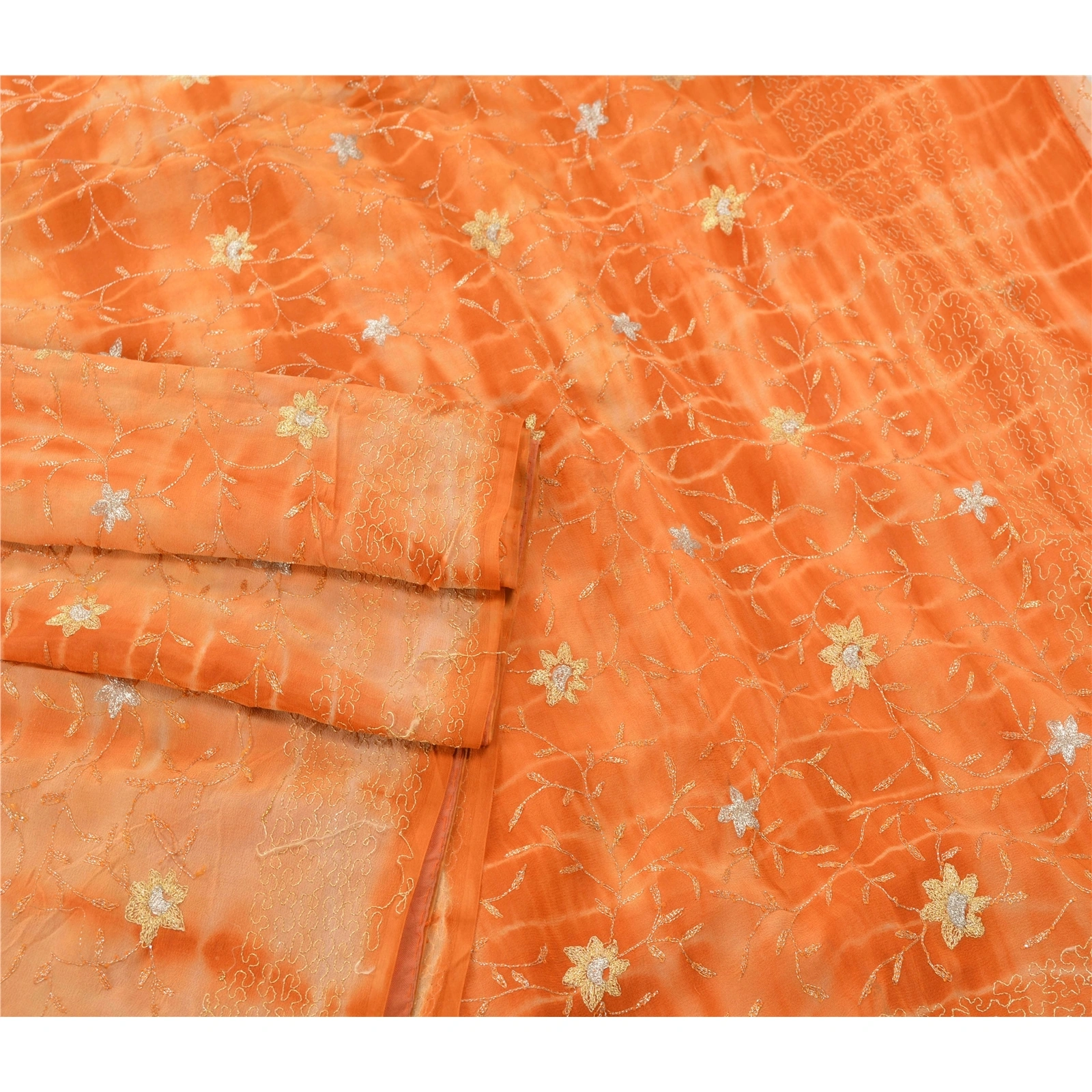 Sanskriti Vintage Sarees Pure Georgette Silk Embroidered Fabric Leheria Sari, PS-54917-Orange-Thread Work-100% Pure Georgette Silk-1