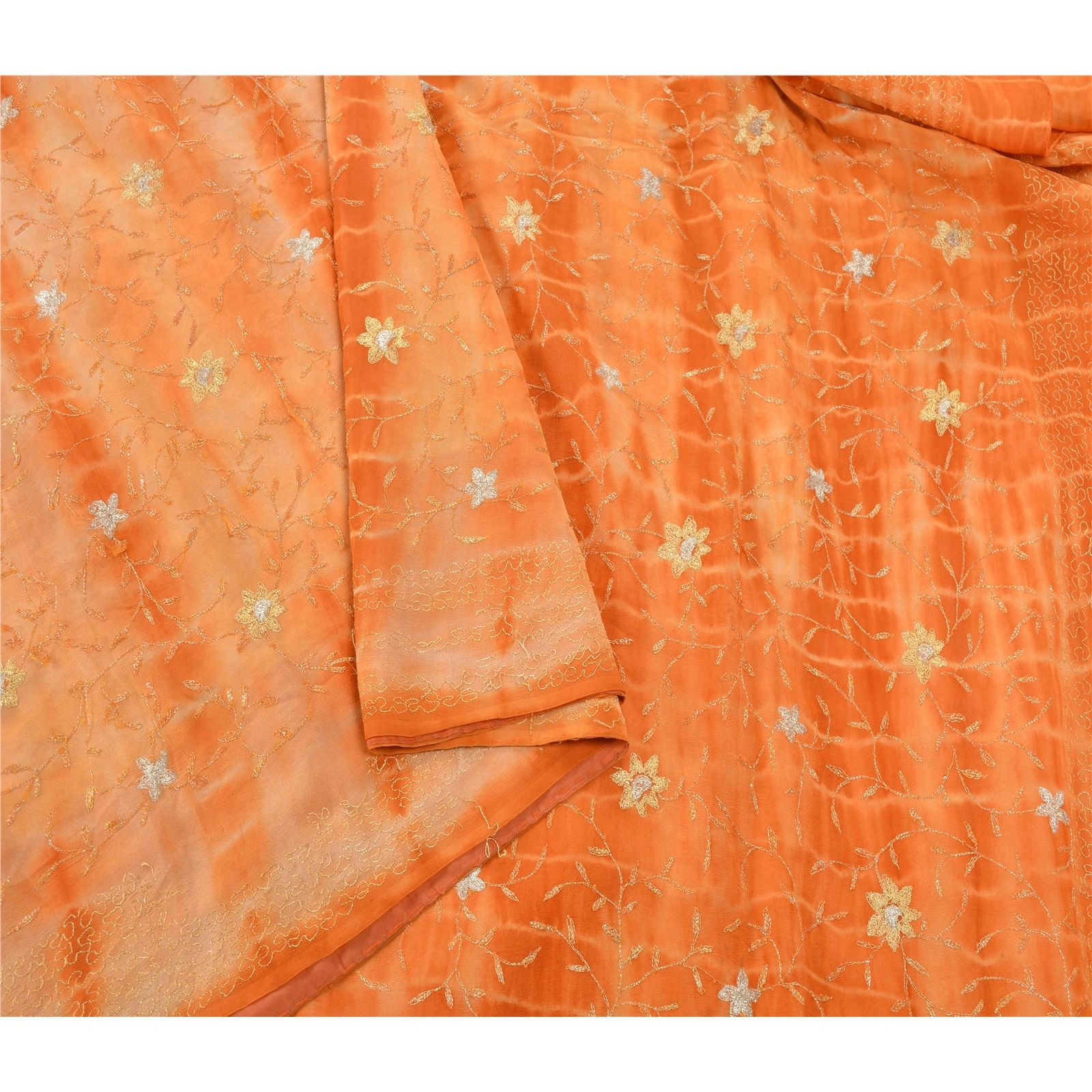 Sanskriti Vintage Sarees Pure Georgette Silk Embroidered Fabric Leheria Sari, PS-54917-Orange-Thread Work-100% Pure Georgette Silk-2