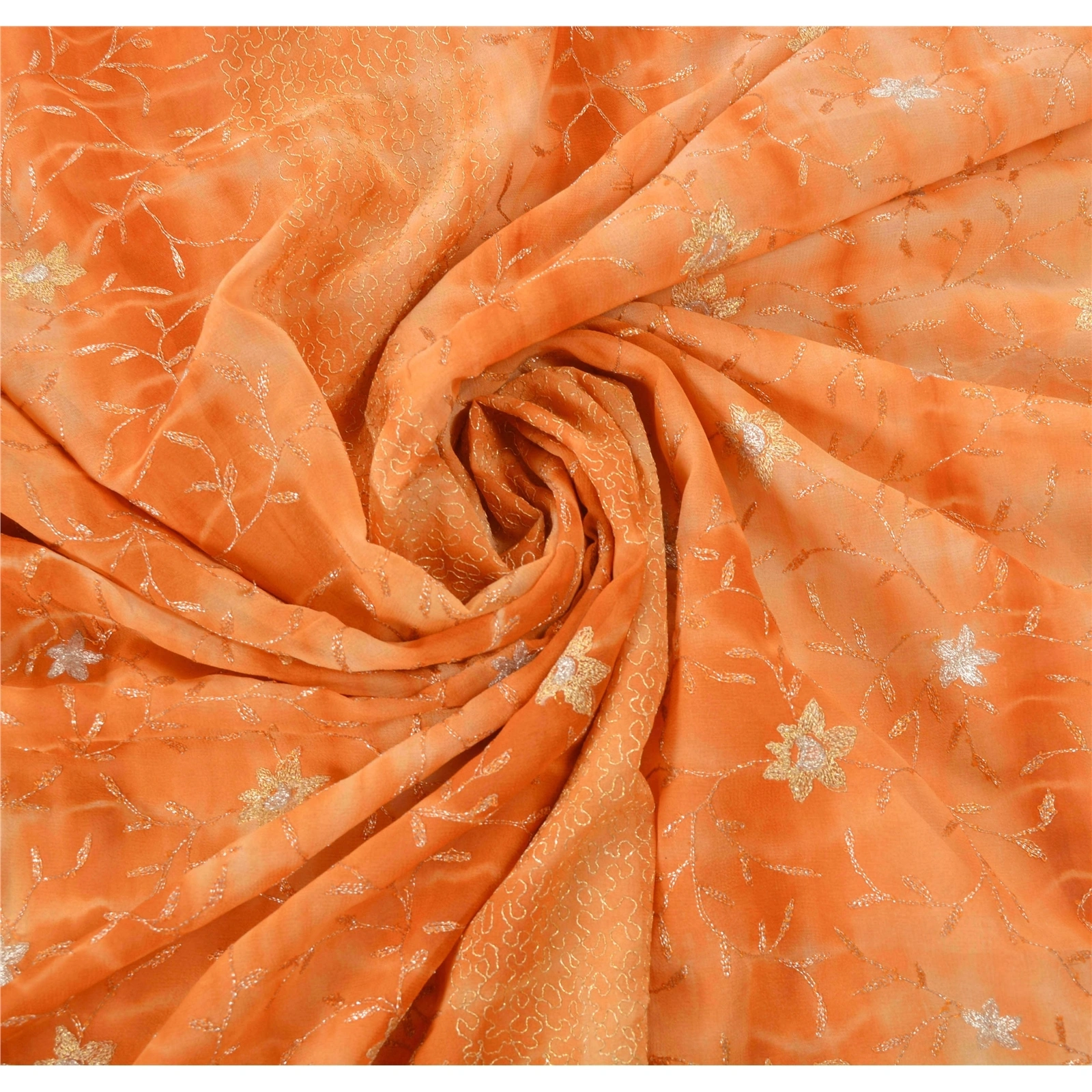 Sanskriti Vintage Sarees Pure Georgette Silk Embroidered Fabric Leheria Sari, PS-54917-Orange-Thread Work-100% Pure Georgette Silk-6