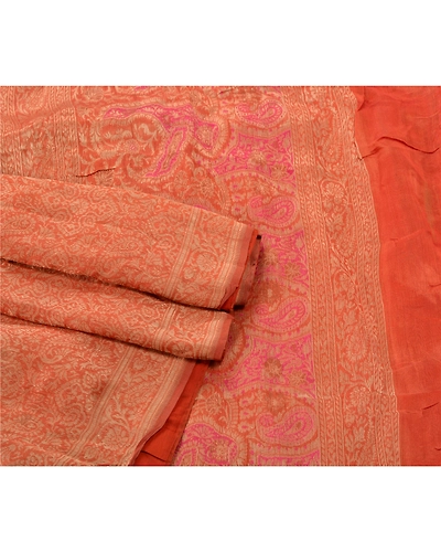 Sanskriti Vintage Peach Sarees Blend Silk Woven Craft Fabric Premium 5 Yard Sari, PS-54934-Peach-Woven Work-100% Pure Silk-1