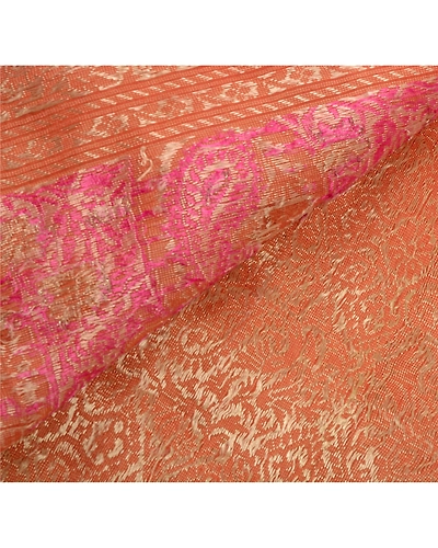 Sanskriti Vintage Peach Sarees Blend Silk Woven Craft Fabric Premium 5 Yard Sari, PS-54934-Peach-Woven Work-100% Pure Silk-2