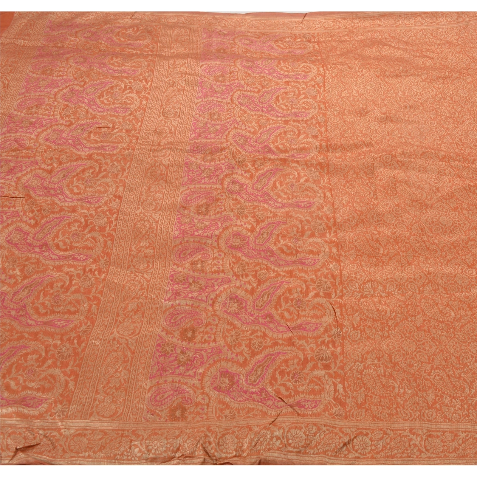 Sanskriti Vintage Peach Sarees Blend Silk Woven Craft Fabric Premium 5 Yard Sari, PS-54934-Peach-Woven Work-100% Pure Silk-3