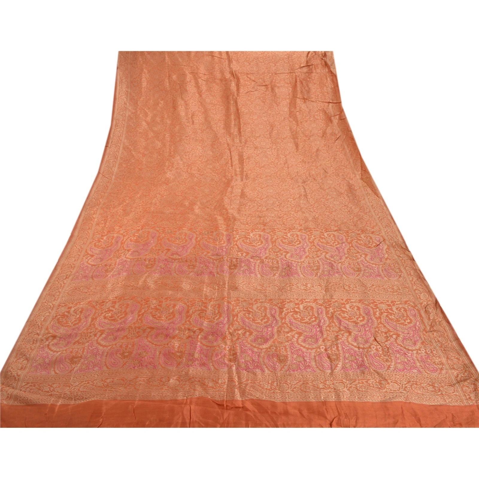 Sanskriti Vintage Peach Sarees Blend Silk Woven Craft Fabric Premium 5 Yard Sari, PS-54934-Peach-Woven Work-100% Pure Silk-6