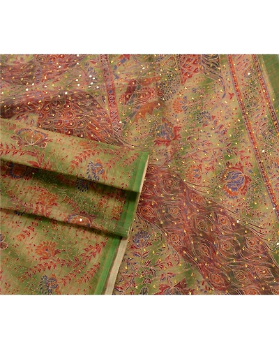 Sanskriti Vintage Green Sarees Pure Cotton Hand Beaded Painted Craft Fabric Sari, PS-54992-Green-Sequins Work-100% Pure Cotton-1