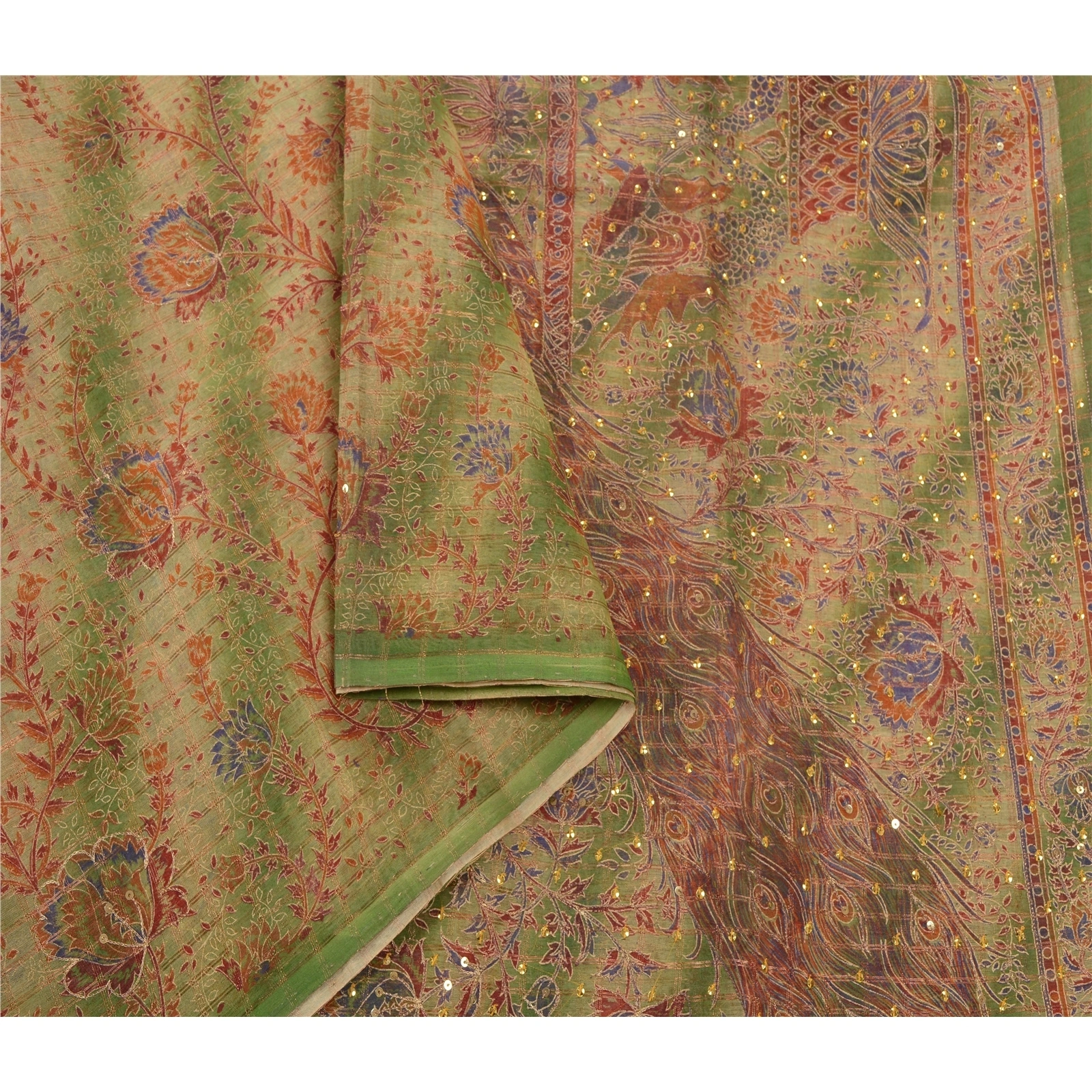 Sanskriti Vintage Green Sarees Pure Cotton Hand Beaded Painted Craft Fabric Sari, PS-54992-Green-Sequins Work-100% Pure Cotton-2