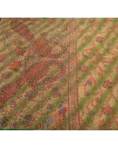 Sanskriti Vintage Green Sarees Pure Cotton Hand Beaded Painted Craft Fabric Sari, PS-54992-Green-Sequins Work-100% Pure Cotton-4