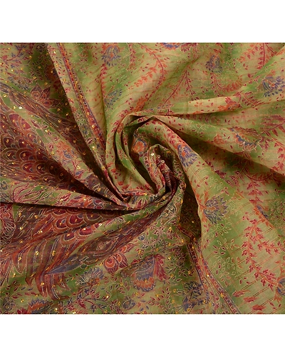 Sanskriti Vintage Green Sarees Pure Cotton Hand Beaded Painted Craft Fabric Sari, PS-54992-Green-Sequins Work-100% Pure Cotton-6