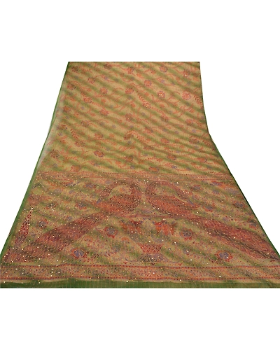 Sanskriti Vintage Green Sarees Pure Cotton Hand Beaded Painted Craft Fabric Sari, PS-54992-Green-Sequins Work-100% Pure Cotton-7