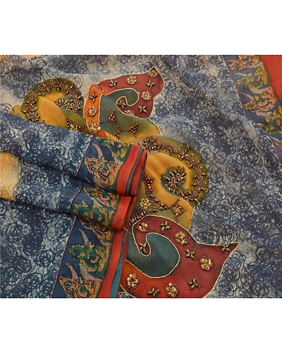 Sanskriti Vintage Sarees Pure Georgette Silk Hand Beaded Bollywood Sari Fabric, PS-54998-Shade Of Beige-Beaded Work-100% Pure Georgette Silk-1