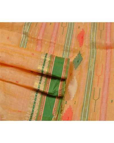Sanskriti Vintage Cream Sarees 100% Pure Silk Woven Traditional Tant Sari Fabric, PS-55064-Cream-Woven Work-100% Pure Silk-1