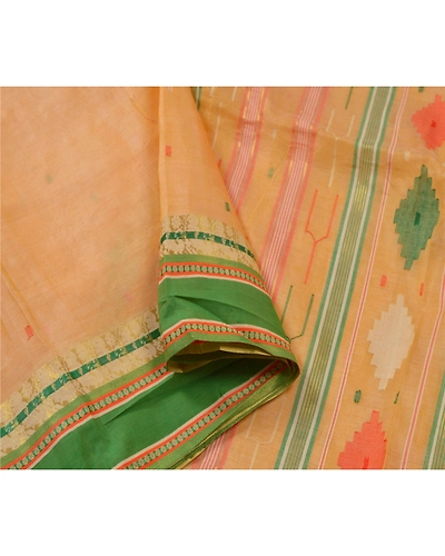 Sanskriti Vintage Cream Sarees 100% Pure Silk Woven Traditional Tant Sari Fabric, PS-55064-Cream-Woven Work-100% Pure Silk-2