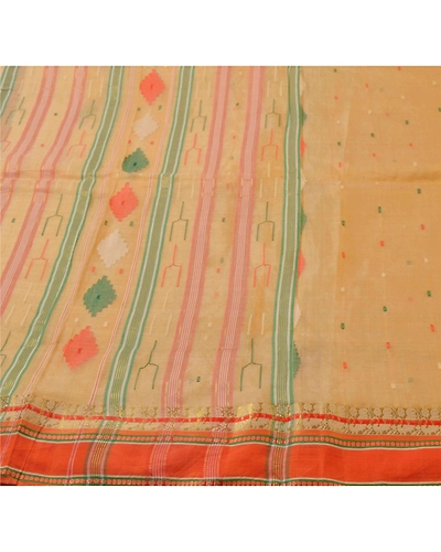 Sanskriti Vintage Cream Sarees 100% Pure Silk Woven Traditional Tant Sari Fabric, PS-55064-Cream-Woven Work-100% Pure Silk-4