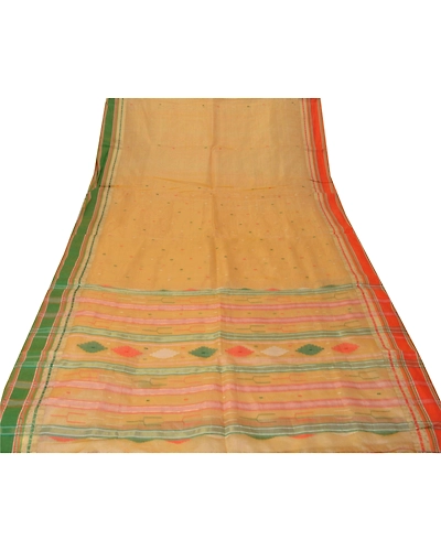 Sanskriti Vintage Cream Sarees 100% Pure Silk Woven Traditional Tant Sari Fabric, PS-55064-Cream-Woven Work-100% Pure Silk-7