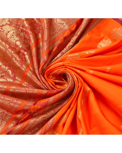 Sanskriti Vintage Orange Sarees Art Silk Woven Brocade Premium Craft Fabric Sari, PS-55069-Orange-Zari Work-Art Silk-6