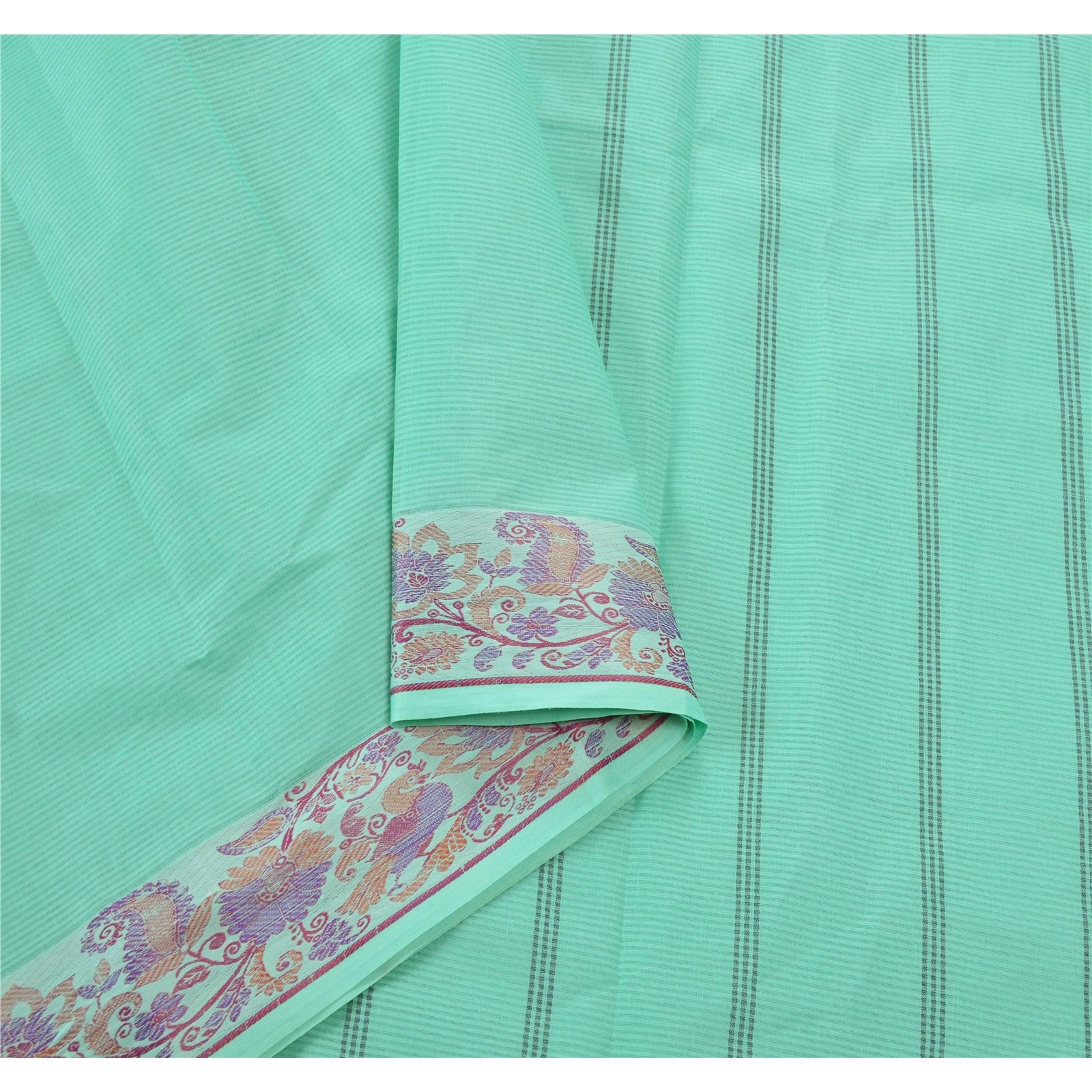 Sanskriti Vintage Green Indian Sari Pure Cotton Woven Fabric Premium Sarees, PS-55077-Green-Woven Work-100% Pure Cotton-2