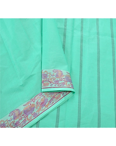 Sanskriti Vintage Green Indian Sari Pure Cotton Woven Fabric Premium Sarees, PS-55077-Green-Woven Work-100% Pure Cotton-2