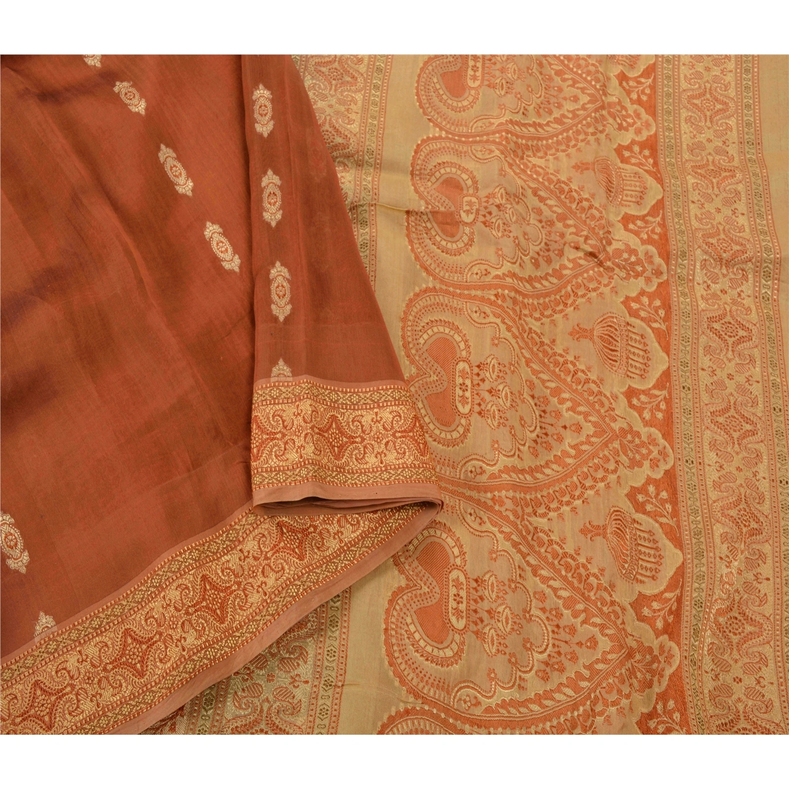 Sanskriti Vintage Orange Sarees Blend Silk Woven Premium Indian Sari Fabric, PS-55092-Orange-Woven Work-Blend Silk-5