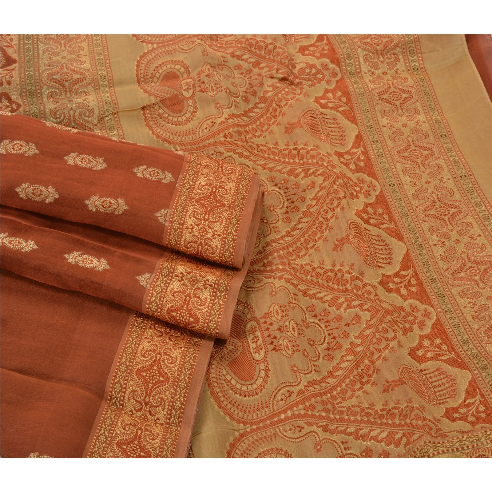 Sanskriti Vintage Orange Sarees Blend Silk Woven Premium Indian Sari Fabric, PS-55092-Orange-Woven Work-Blend Silk-7