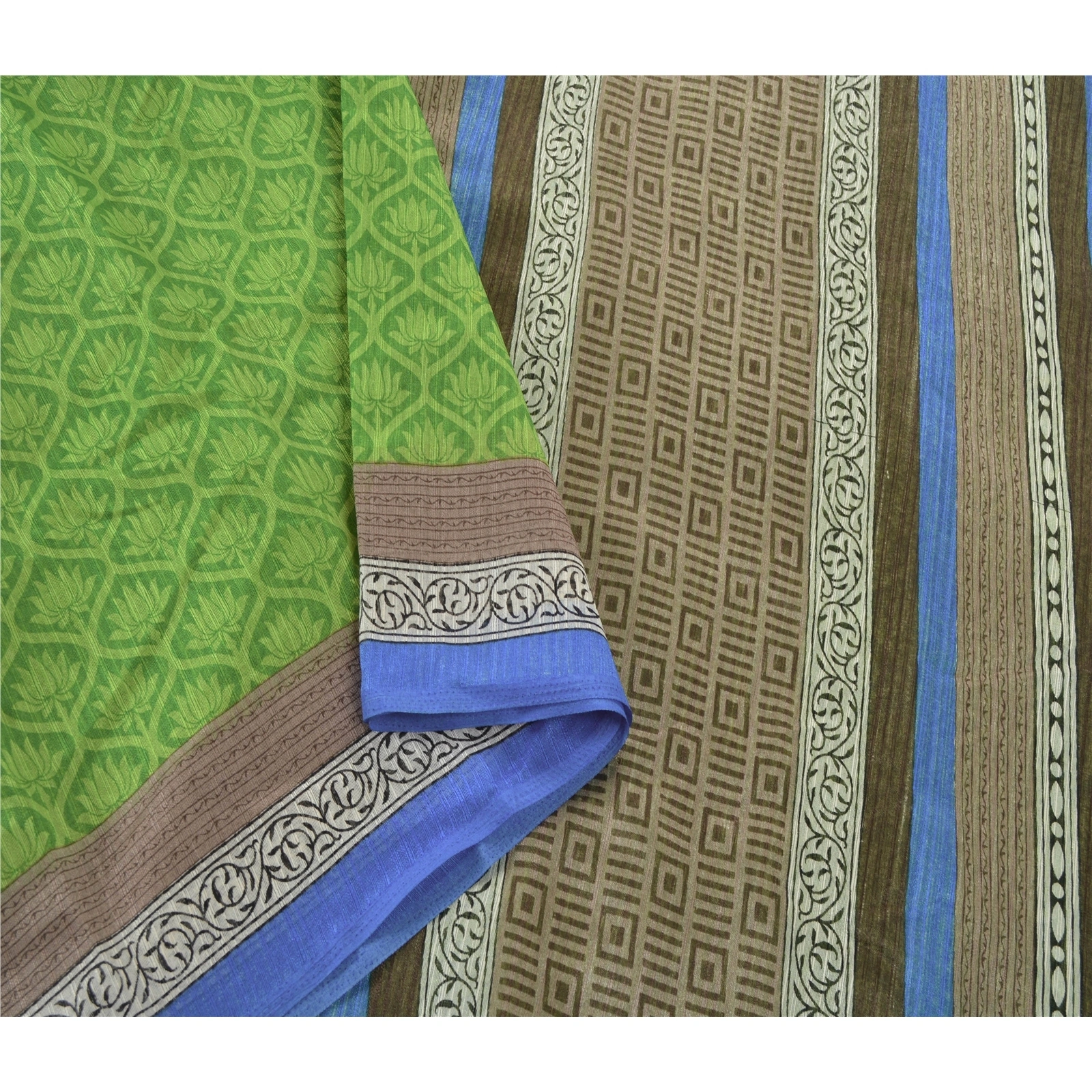 Sanskriti Vintage Handloom Art Silk Sarees Block Printed Fabric Sari Blouse Pc, PS-55104-Green-Block Printed Work-Art ( Artificial) Silk-2