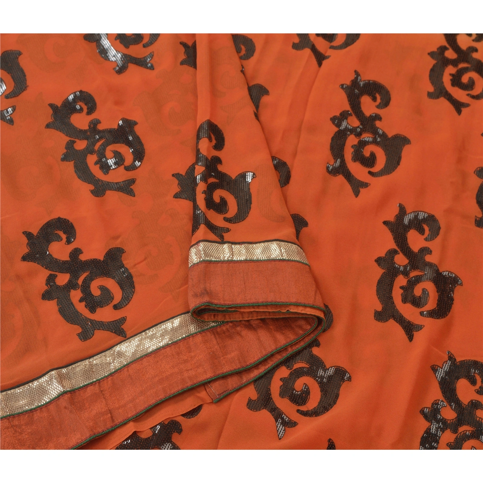 Sanskriti Vintage Sarees Georgette Embroidered Fabric Bollywood Sari Blouse Pc, PS-55184-Orange-Sequins Work-Georgette-2