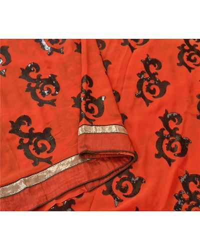 Sanskriti Vintage Sarees Georgette Embroidered Fabric Bollywood Sari Blouse Pc, PS-55184-Orange-Sequins Work-Georgette-2