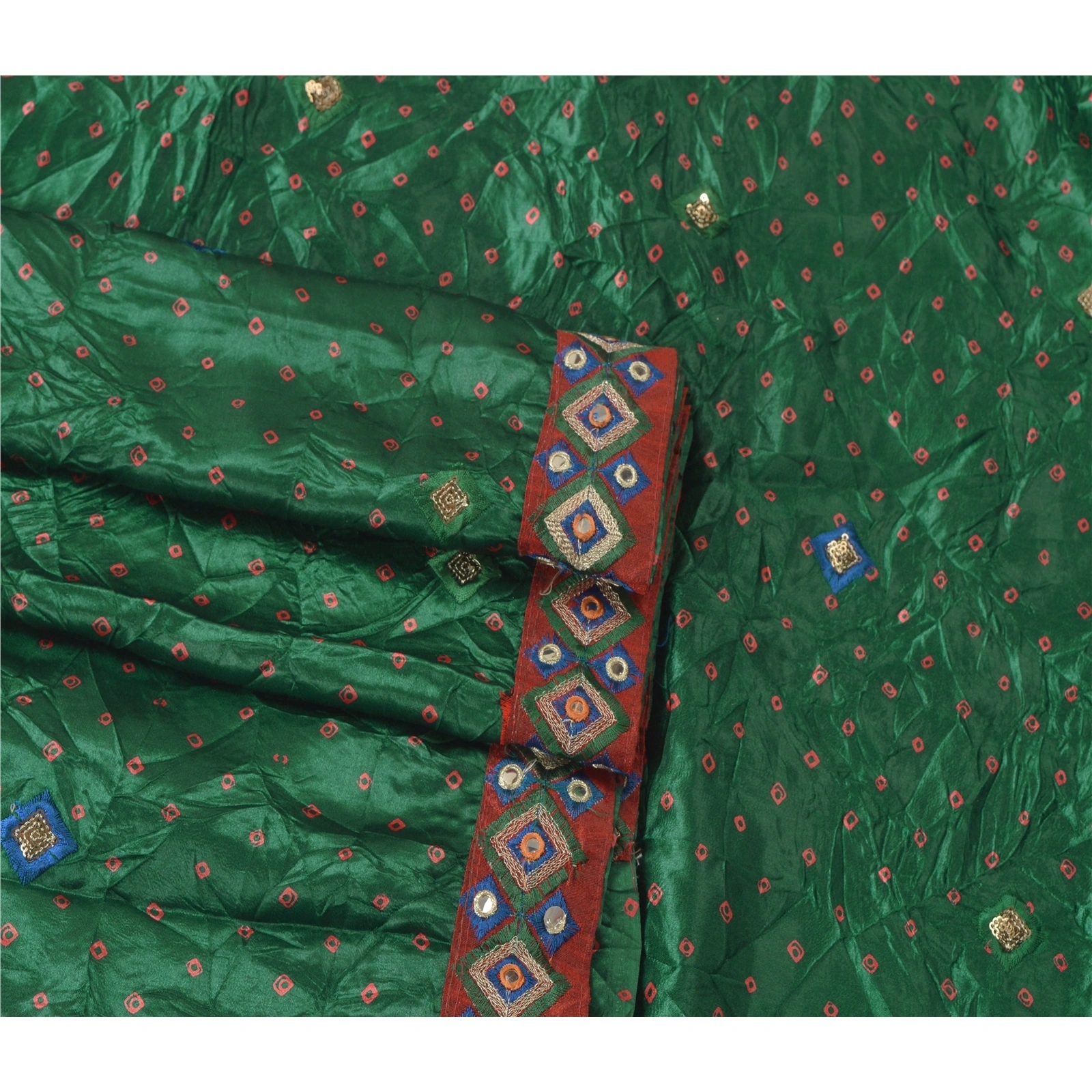 Sanskriti Vintage Green Sarees Art Silk Embroidered Bandhani Printed Fabric Sari, PS-55190-Green-Patch Work-Art (Artificial) Silk-1