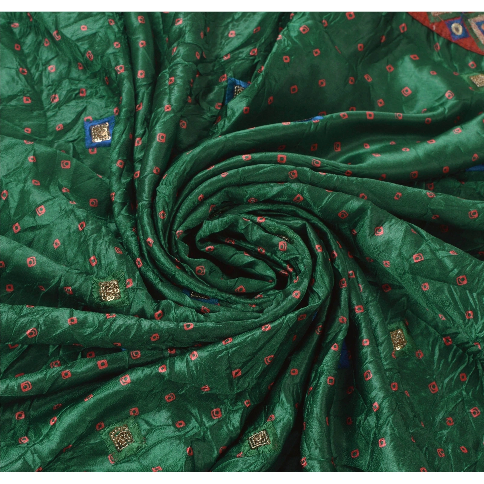 Sanskriti Vintage Green Sarees Art Silk Embroidered Bandhani Printed Fabric Sari, PS-55190-Green-Patch Work-Art (Artificial) Silk-8