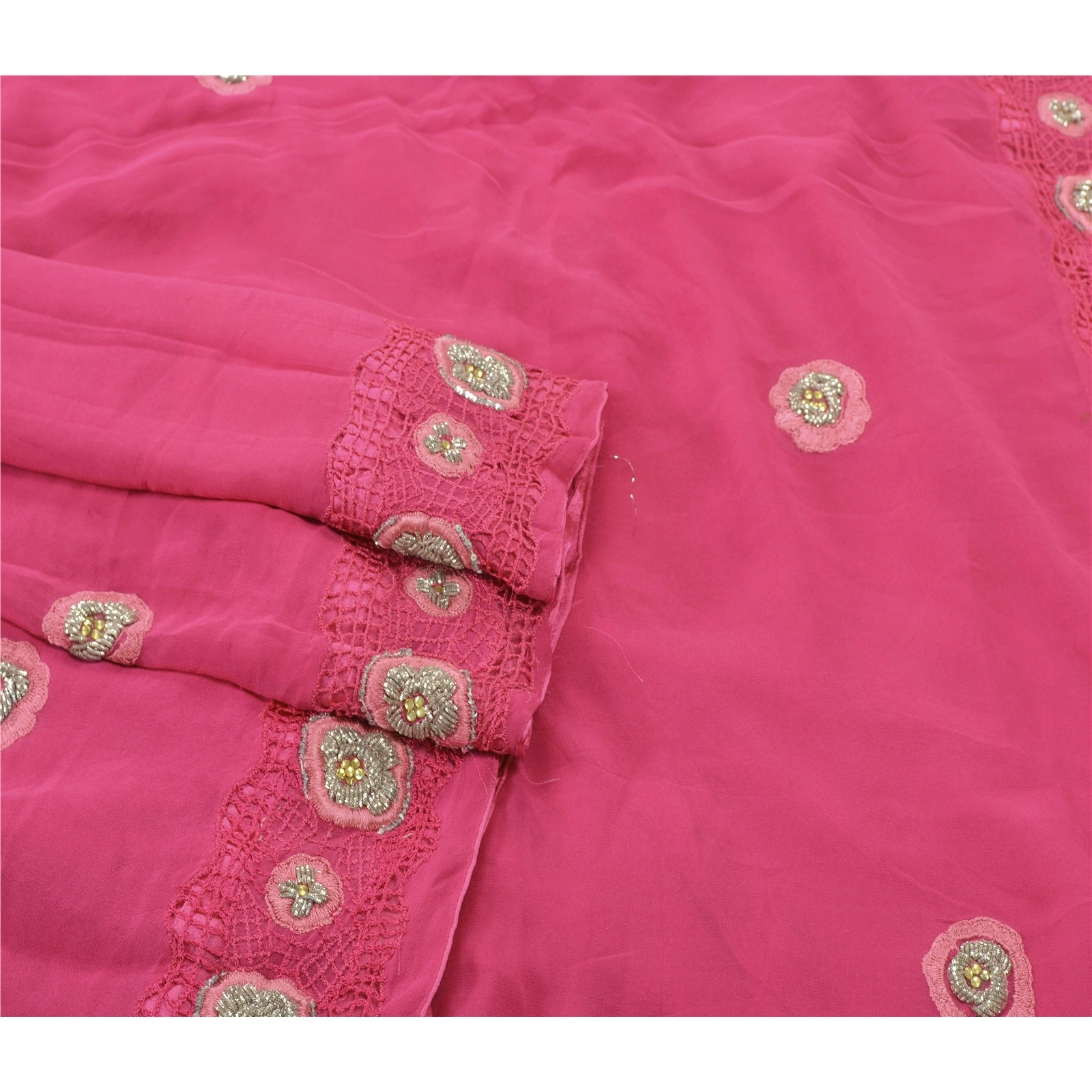 Sanskriti Vintage Sarees Pure Georgette Silk Handmade Pink Fabric Bollywood Sari, PS-55219-Pink-Dabka Work-100% Pure Georgette Silk-1