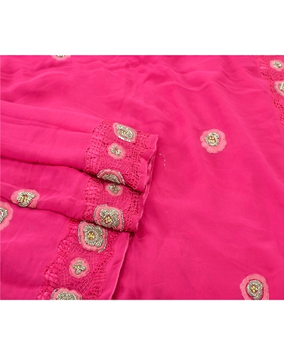Sanskriti Vintage Sarees Pure Georgette Silk Handmade Pink Fabric Bollywood Sari, PS-55219-Pink-Dabka Work-100% Pure Georgette Silk-1